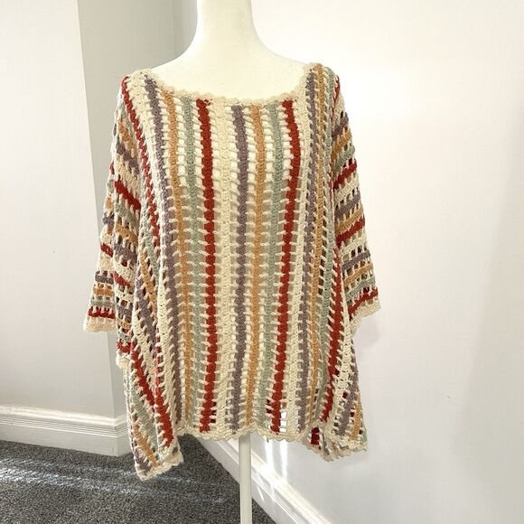 POL Sweater Womens Large Oversized Open Weave Crochet Boho Multi Stripe Knit - Picture 1 of 10